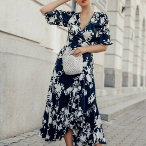 JOHANNA ORTIZ for H&M Black and White‎ Floral Crepe Wrap Midi Dress Small - Picture 1 of 15